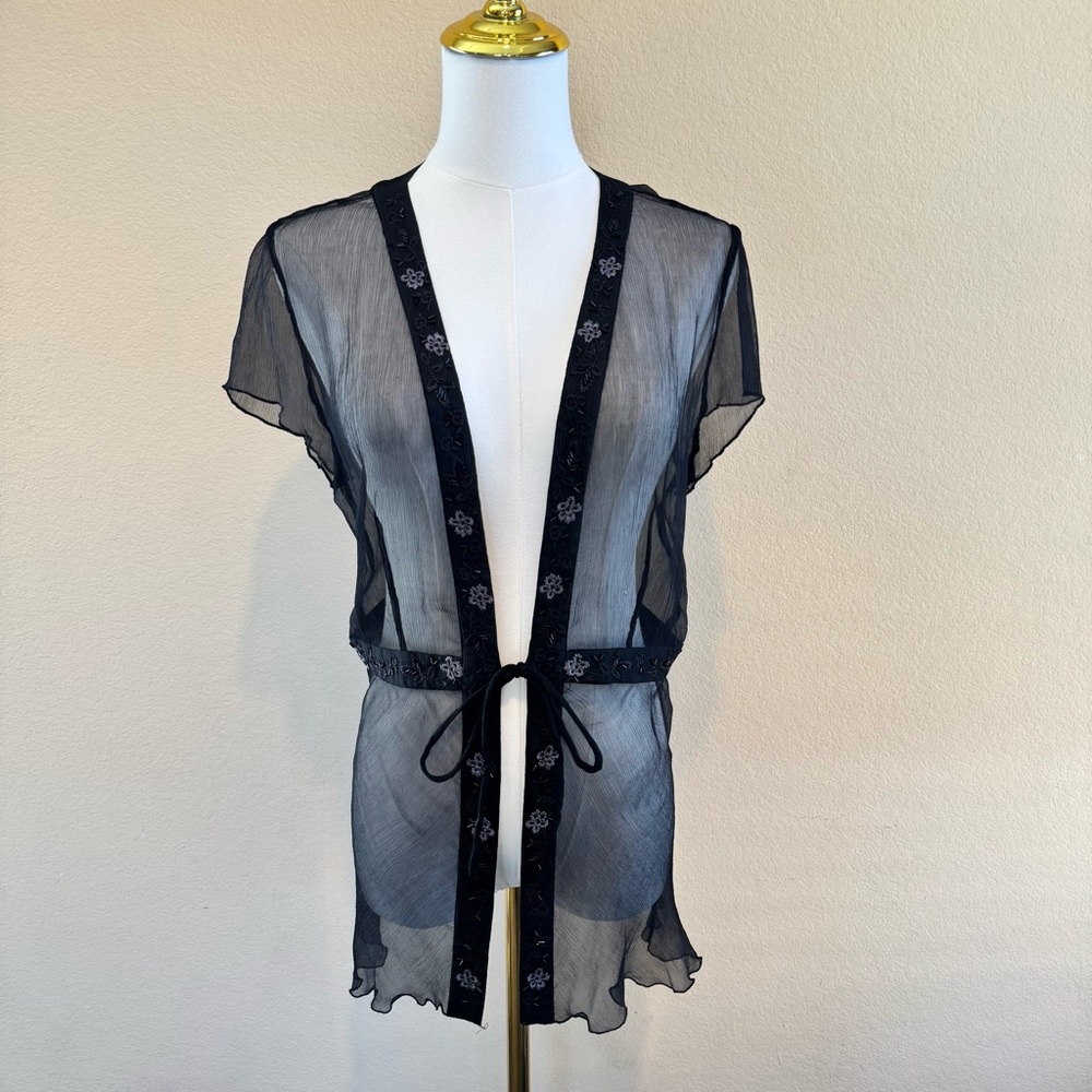 NWD Spencer Jeremy Embellished Sheer Silk Top Women’s M Black Floral Beaded Goth
